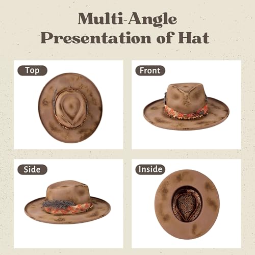 Image of RUEDIGER Vintage Pencil Brim Fedora Hats 100% Wool Felt Hat Panama Rancher Hat with Lightning Logo Handmade Distressed /Burned