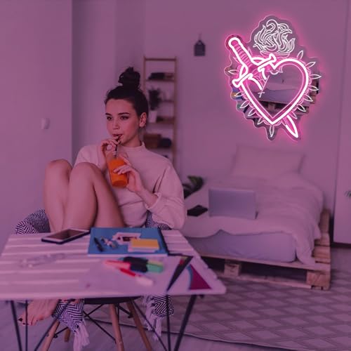 Image of Heart Shaped Mirror Neon Sign, LED Vanity Wall Light for Makeup Table, Bedroom or Dressing Area, Romantic Wall Decoration with Adjustable Brightness, 17.3 inch x 14.7 inch