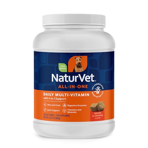 NaturVet All-in-One Dog Supplement - for Joint Support, Digestion, Skin, Coat Care – Dog Multivitamins with Minerals, Omega-3, 6, 9 – Wheat-Free Vitamins for Dogs – 240 Soft Chews