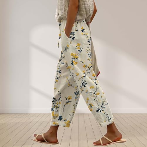 Cotton Linen Pants for Women Casual Capri Elastic Waist Pants Vacation Beach Cropped Trousers with Pockets2