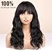WIGNEE 100% Virgin Human Hair Natural Wave Wigs with Bangs Brazilian Human Hair Wave Wigs Natural Black Color (16 Inch)