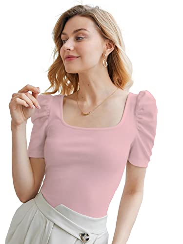 Image of Shasmi Women's & Girl's Polyester Pleated High Neck Short Puff Sleeve Ruched Bust Solid Regular Fit Top