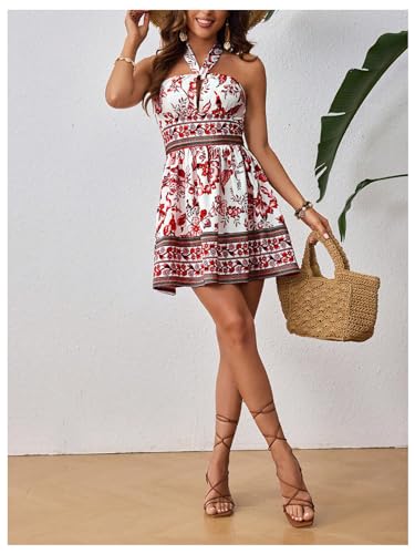 Image of Floerns Women's Floral Print Sleeveless Halter Neck Tie Back Summer A Line Dress