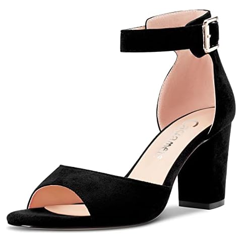 CASTAMERE Women Chunky Block Mid Heel Peep Open Toe Ankle Strap Sandals Black Suede 2.5 UK Cover