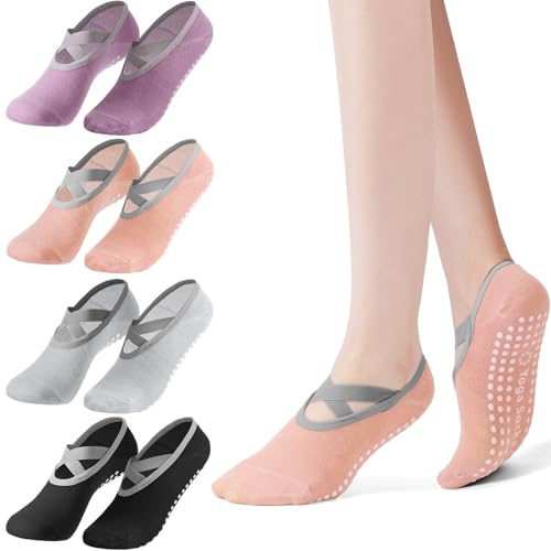 Vancle 4 Pares Calcetines Yoga Pilates Para Mujeres y Niñas, Calcetines Antideslizantes, Calcetín Tobillero Deportivo Transpirables para Fitness Ballet, Talla única 36-39