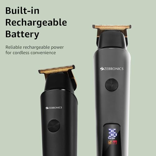 Image of Zebronics HT202 Trimmer, Cordless & Corded, Upto 180min Runtime, Stainless Steel Blades, 3+1 Guide Combs, 2 Speed Modes, LED Display, Travel Lock, Washable Blades, Type-C Rechargeable Battery (Black)