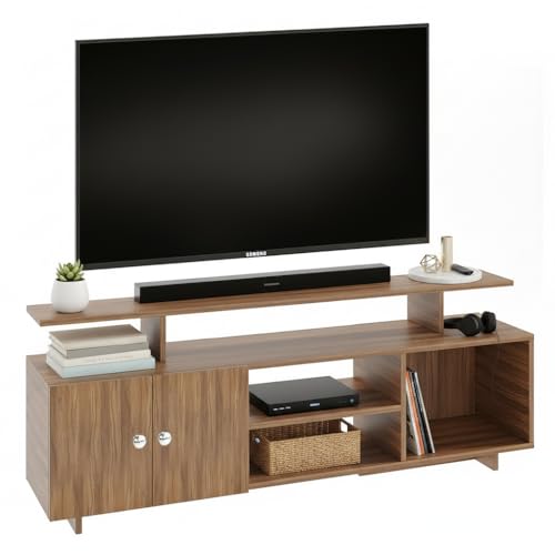 Image of FURNEASER Eskido Engineered Wood TV Entertainment Unit, Floor Standing TV Cabinet with Storage Shelves for Living Room, TV Stand for 32,43,50 & 55 Inch TV (Exotic Teak & White) (Exotic Teak)