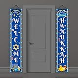 WovWeave 2 Pcs Happy Hanukkah Banner with Light Hanukkah Chanukah Hanging Porch Banner Welcome Sign Indoor Outdoor Jewish Judaism Synagogue Chanukah Home Party Decor