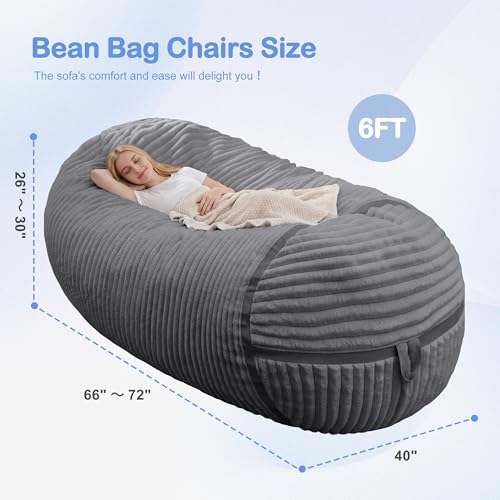 Image of 6FT Bean Bag Chair 6'Giant Bean Bag Chairs with Adults, Large Beanbag Chair | Bean bag Lounger with Machine Washable Cover Corded Plush Fabric, Comfy Chairs for Living Room Bedroom Dorm, Darkgrey