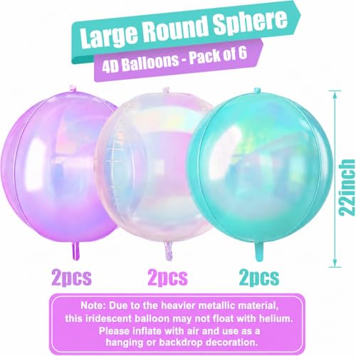 Image of Iridescent Pink Purple Round Foil Balloons Mermaid Decor 22 Inch 6 Pcs | Gradient Pink Purple Teal Holographic 4D Ball Balloons for Birthday Folding Rainbow Under The Sea Party Decoration