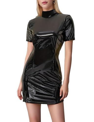 Women's Plus Size Mini Dresses PU Faux Leather Elegant Style Sexy Trendy Clothes Sleek High Neck Short Sleeved Dress
