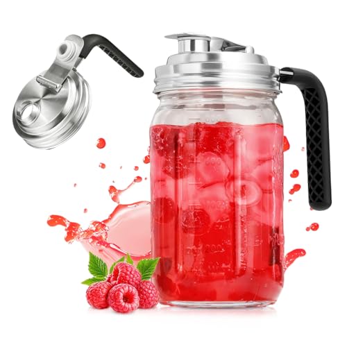 Image of Supvox 32Oz Glass Mason Jar with Lid Upgraded Multifunctional Mason Jar Lid with Handle & Capped Pour Spout, 304 Stainless Steel Mason Jar Lid Kitchen Mason Jar Food Container Oil Can