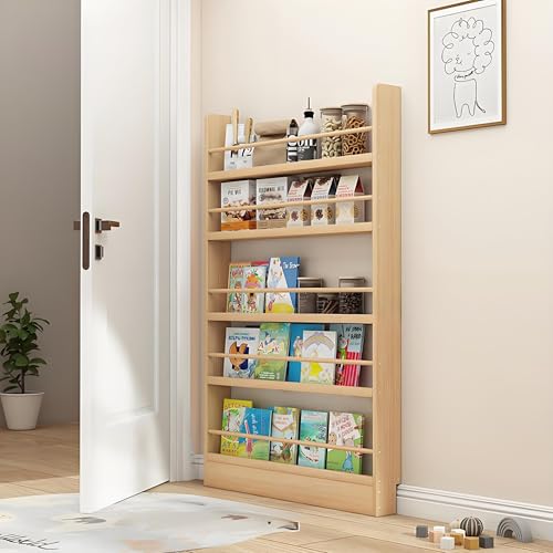 IEHFDCA Wooden 3/4/5/6 Tier Behind The Door Bookshelf, Tall Narrow Floor Standing Bookcase, Space-Saving Storage Organizer for Books, Bedroom, Living Room, Office Wood Color 39.4x3.9x57.1