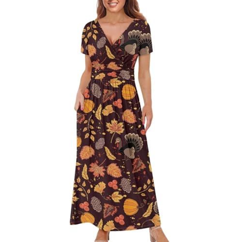 Image of Women's Fall Summer Short Sleeve Ankle Length V-Neck Party Dress with Pockets Size S-3XL