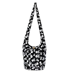 FULLY LINED Skull Hippie Hobo Sling Crossbody Bag – Large Front Phone Pocket – Metal Zippers