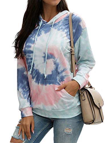 Trendy Queen Women's Tie-Dye Printed Hoodies Long Sleeve Sweatshirts Casual Drawstring Loose Pullover Tops with Pocket Navyred