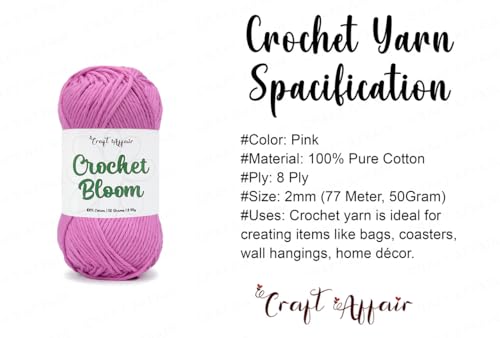 Image of Craft Affair | Crochet Bloom Cotton Yarn 8ply (2mm, 77Meter, 50Gram) 100% Pure Cotton | Knitting Yarn | for Embroidery, Craft & DIY Project: Pink