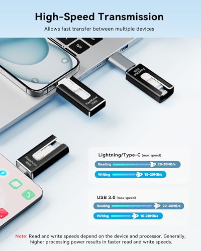 Image of MFi Certified Flash Drive for iPhone 256GB, 3 in 1 Type-C USB Memory Stick Thumb Drive for Photos Videos Storage, High Speed External Memory Storage Photo Stick for iPhone iPad Android PC (Black)
