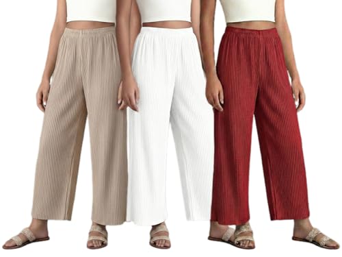 Image of Set of Combo Trouser and Pants for Girls and Women's Relaxed Fit Stretchable Regular Fit Palazzos Lightweight Elastic Waistband Bottoms for Daliy Office & Casual Wear