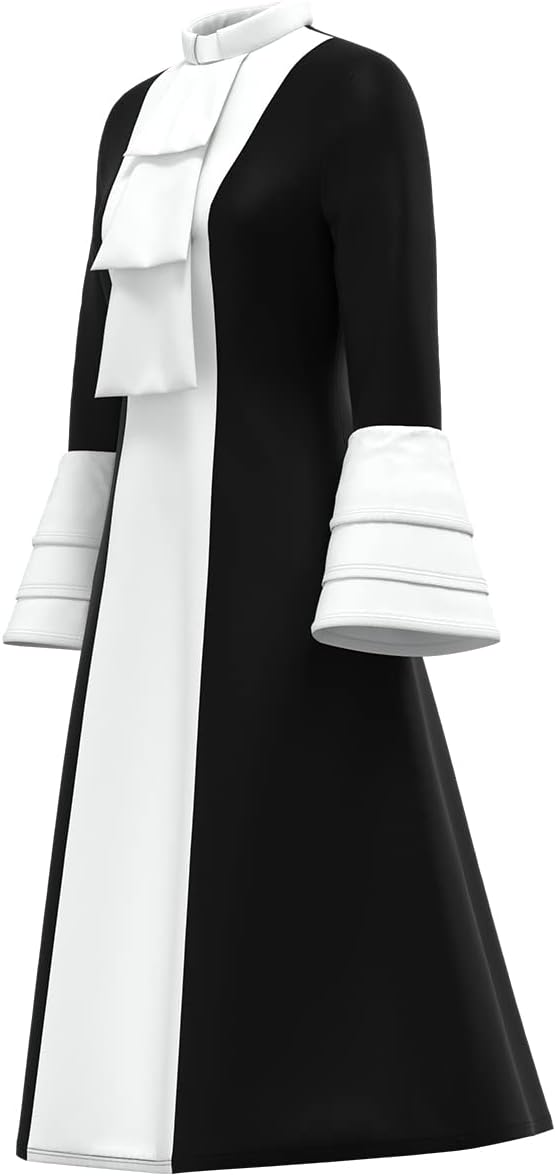 Church Clergy Dress for Women Minister Spring/Autumn A Line Long Sleeve Black White Patchwork Dress with Tab Collar - Image 3