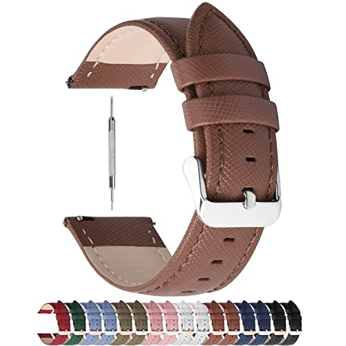 Image of Fullmosa Leather Watch Band 14mm 16mm 18mm 20mm 22mm 24mm, Soft Genuine Leather, Quick Release Replacement Watch Strap for Women and Men, Brown+silver buckle, 20MM, Classic