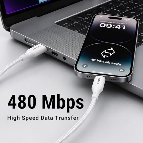 Image of PHILIPS DLC4130LW /94 27W iPhone Original Type-C to Lightning Fast Charging Cable (1m, Bright White) | MFi Certified | 480Mbps | Nylon Braided | Compatible with iPhone & Other Lightning Devices