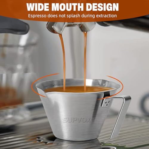 Image of Supvox 100ml Espresso Coffee Cup Brushed Stainless Steel Measuring Cup with Handle Dual-Way V-Nozzle Design Kitchen Measuring Cup Small Oil Pot