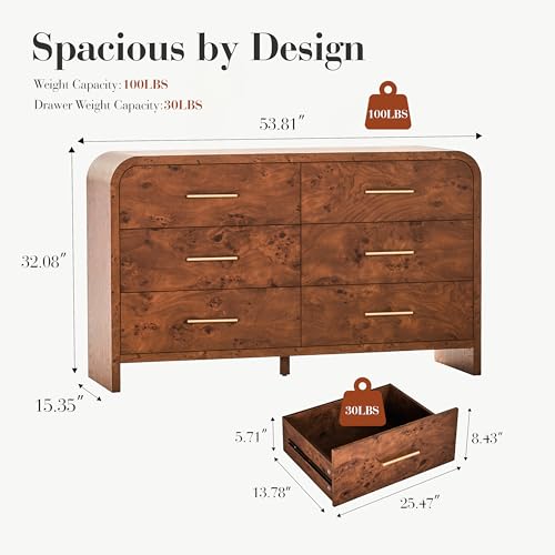 Image of Curved 6-Drawer Dresser for Bedroom, 54 inch Wide Modern Chest of Drawers, Vanity Desk TV Stand for Living Room, Closet Storage Drawers Organizer Furniture, Nursery, Dark Burl