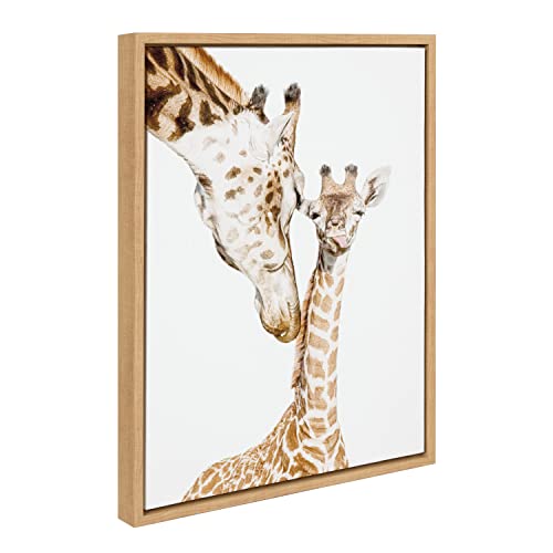 Image of Kate and Laurel Sylvie Mother and Baby Giraffe Portrait Framed Canvas Wall Art by Amy Peterson Art Studio; 18x24 Natural; Modern Cute Animal Portrait for Wall