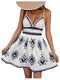 OYOANGLE Women's Printed V Neck Short Cami Dress Spaghetti Strap Flare A Line Boho Sundress Apricot Blue Large