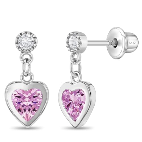 925 Sterling Silver Dangle Cubic Zirconia Heart Safety Screw Back Earrings For Young Girls -Heart Dangle Earrings With Security Backs For Young Children