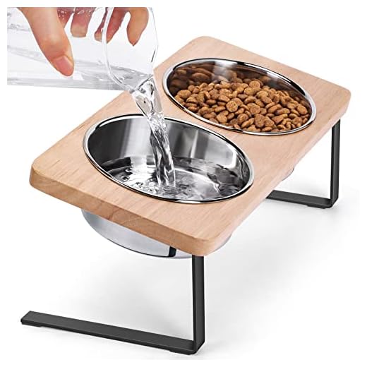 Siooko Elevated Cat Bowls, 15° Tilted Raised Cat Food Bowls Wood Pet Bowls with Stand Anti Vomiting 2 Stainless Steel Bowls for Cats and Puppy