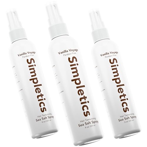 Simpletics Himalayan Sea Salt Spray for Straight & Wavy Hair - All Natural, 5 Ingredient, Texturizing & Volumizing Product - Vanilla Scented - Adds Volume, Texture, Beach Look to Men & Women, 3 Pack