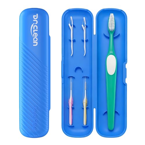 DR.CLEAN Travel Oral Care Kit with Case – Portable Toothbrush Set with 2 Interdental Brushes & 2 Dental Floss Picks, Compact Dental Hygiene Kit for Travel, Camping, Work & Daily Use