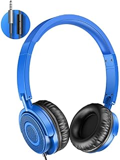 On-Ear Headphones with Microphone - Foldable Stereo Headset, Cable Adjustable Headband, Children's Headphones with Soft Ear Pads for School, Blue