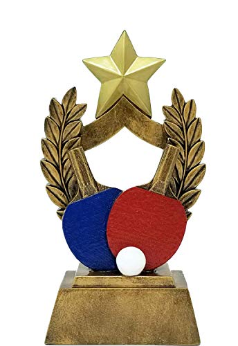 Decade Awards Trofeo de ping pong, 6 pulgadas de alto, premio de maestría de tenis de mesa con palas clásicas rojas y azules, celebra el dominio de la pelota de remo, placa grabada a petición