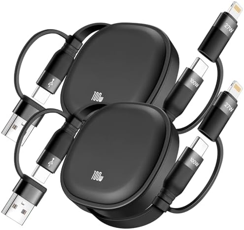 5 in1 Retractable USB Type C Cable 100W, 2Pack Multi Charging Cable 5A Fast Charging Cord USBC Cable with USB A+C to L/C Travel Essentials Charger for iPhone Series,Samsung Galaxy,MacBook,iPad(3.86ft)