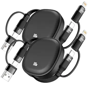 5 in1 Retractable USB Type C Cable 100W, 2Pack Multi Charging Cable 5A Fast Charging Cord USBC Cable with USB A+C to L/C Travel Essentials Charger for iPhone Series,Samsung Galaxy,MacBook,iPad(3.86ft)