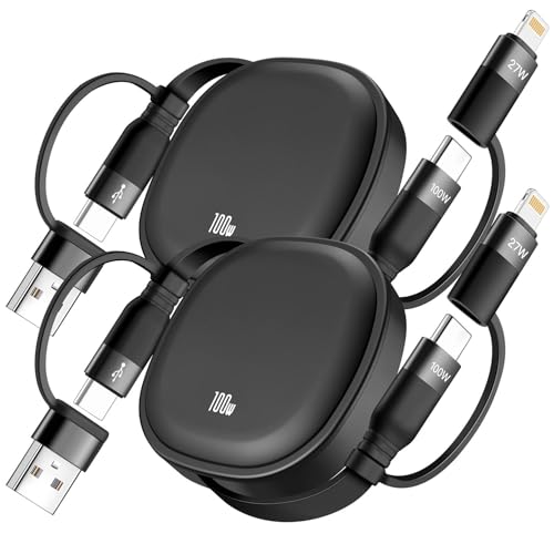 5 in1 Retractable USB Type C Cable 100W, 2Pack Multi Charging Cable 5A Fast Charging Cord USBC Cable with USB A+C to L/C Travel Essentials Charger for iPhone Series,Samsung Galaxy,MacBook,iPad(3.86ft)