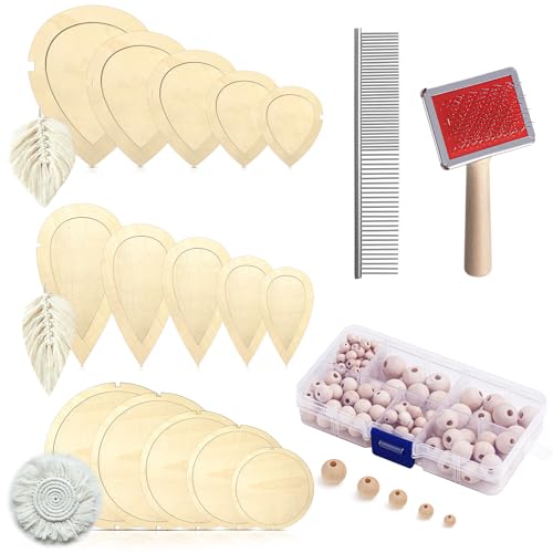 Teenyyou 167pcs Macrame Leaf Cutting Molds and Comb Sets Leaf Round Cutting Template Macrame Fringe Stainless Steel Comb Wooden Beads Rubber Band for DIY Crafts Making Feather Tassel