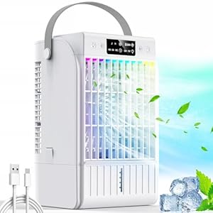Guong Air Conditioner, 4-In-1 Portable Evaporative Air Cooler, Air Cooling Fan and Humidifier, 1500ml Large Water Tank, 7 Colors LED Light, Timer Fan Cooler for Home Office