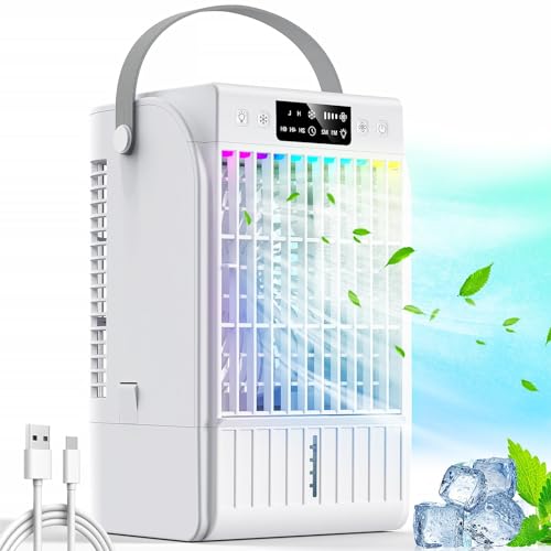 Guong Air Conditioner, 4-In-1 Portable Evaporative Air Cooler, Air Cooling Fan and Humidifier, 1500ml Large Water Tank, 7 Colors LED Light, Timer Fan Cooler for Home Office