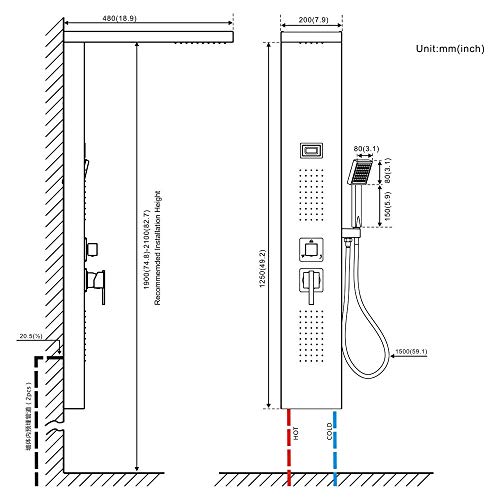 Rovogo 304 Stainless Steel Shower Panel Tower, Rainfall Shower + Body Jets + Handheld Shower + Temperature Display, Wall Mount Shower Column, Brushed #TOP7