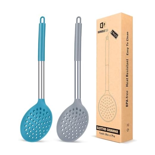 Juego de 2 cucharas grandes ranuradas con alta resistencia al calor, sin BPA, antiadherentes, para escurrir y freír (gris y azul azulado)