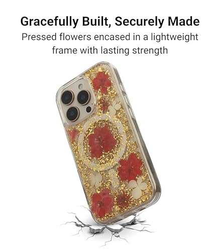 Image of Mag Flower Series Case for iPhone 16 Pro Compatible with Wireless Charging | Real Dried Flower Embedded Design | Slim Transparent Shockproof Back Cover | Red Edition