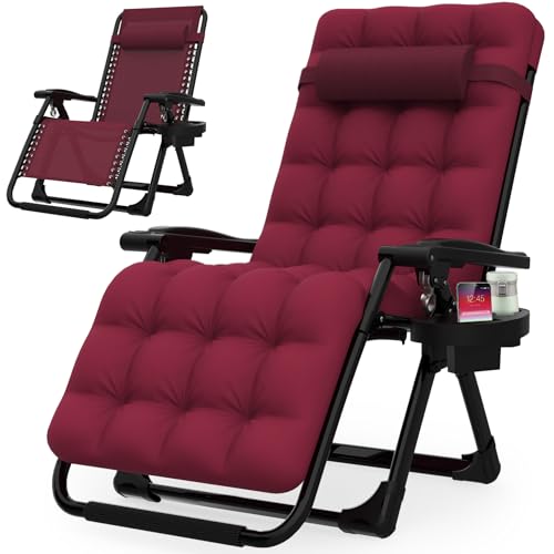 Suteck Zero Gravity Chair, Reclining Camping Lounge Chair w/Removable Cushion, Upgraded Lock and Cup Holder, Reclining Patio Chairs Folding Recliner for Indoor and Outdoor, Claret