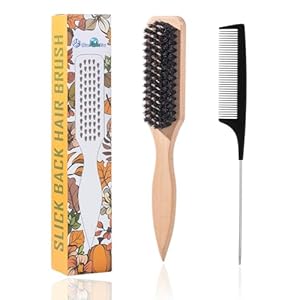 Boar Bristle Slick Back Hair Brush Set, Wooden Styling Edge Control Brush for Sleek Hair, Teasing Hair Brush and Stainless Steel Tail Comb Suitable for Women Hair & Men Beard