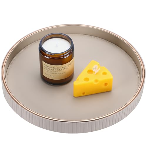 KINGFOM Round Decorative Tray, PU Leather Vanity Tray Organizer with Gold Trim for Dresser, Coffee Table & Bathroom Counter, Modern Home Decor Jewelry & Perfume Tray for Men Women (Beige) by KINGFOM - Used condition - Image 3