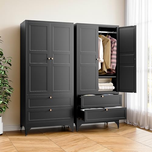BYNSOE Metal Armoire Wardrobe Closet with 2 Drawers 71 Wardrobe Cabinet with Drawers and Hanging Rail Metal Closet with Adjustable Shelves for Bedroom. (Black with 2 Drawers)