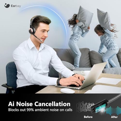 Wireless Headset with Microphone - Bluetooth Headset with Mic Noise Canceling & Mute, Wireless Headphones with USB Dongle/Charging Dock for Laptop Computer Phone Work Office Teams Conference Call